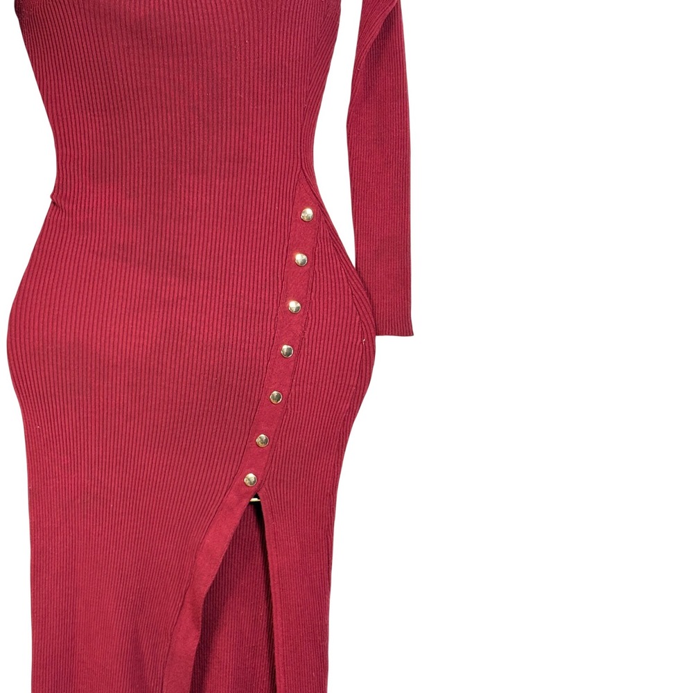 Windsor Ribbed Square Neck Long Sleeve Button Slit Maxi Dress Burgundy Size S‎ - Picture 2 of 8
